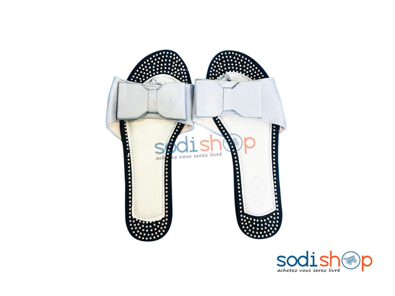 Sandales Plates Chaussure à Nœud Couleur Gris et Noir Pour Femme